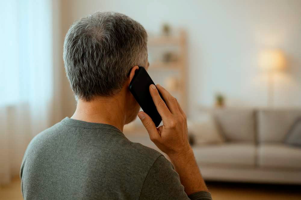 Hombre hablando por teléfono para gestionar los 10 trámites imprescindibles tras la muerte de un familiar en casa.