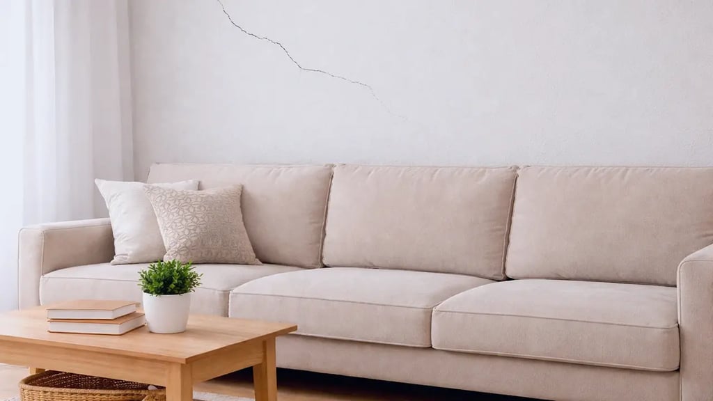 Salón con sofá beige y grieta visible en la pared, ejemplo de daños estéticos seguro del hogar.