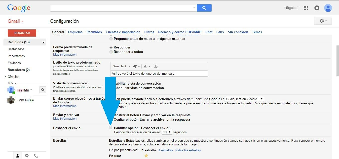 configuración general gmail deshacer envío